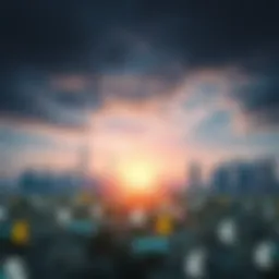 Dramatic skyline of Dubai with currency symbols
