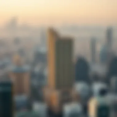 Dubai Skyline with Al Bafta Building Panoramic view of Dubai featuring the Al Bafta Building amidst urban development