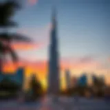 A stunning view of Burj Khalifa against a sunset sky