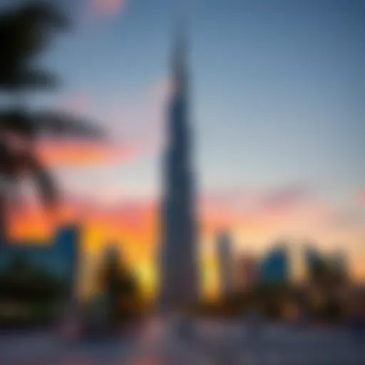A stunning view of Burj Khalifa against a sunset sky